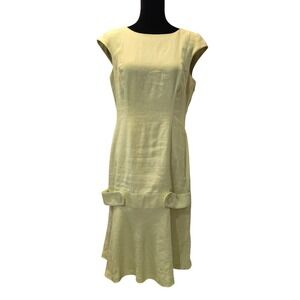 Butter Yellow Linen Blend Sheath Dress Button Tab Midi Womens 10 Brunch Coastal